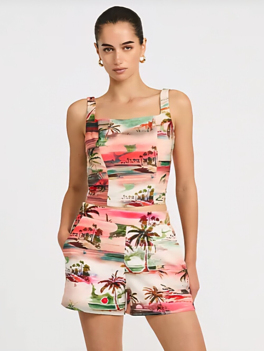 Express Printed Summer Blend Linen High Waisted Tropical Print Short